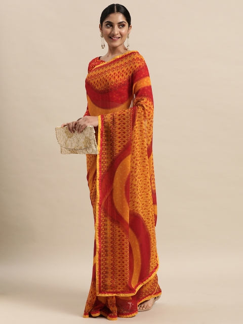 

Mitera Yellow & Red Floral Pure Georgette Saree