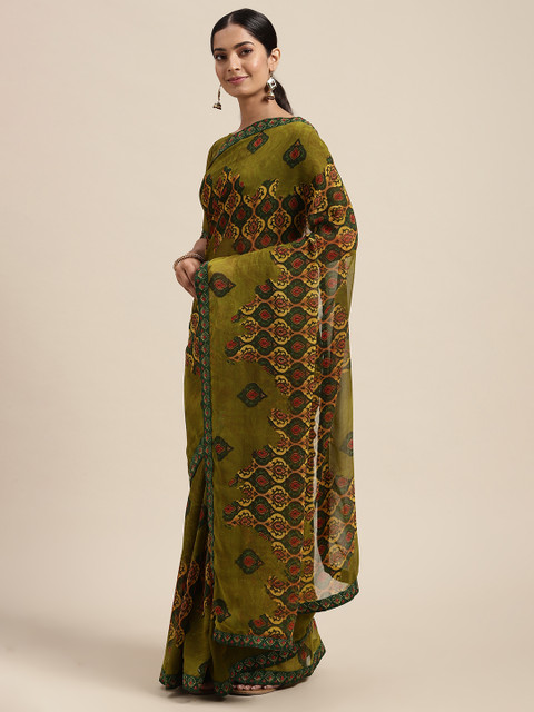 

Mitera Olive Green Ethnic Motifs Pure Georgette Saree