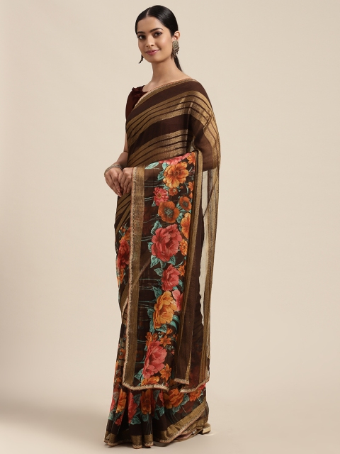 

Mitera Brown Floral Brasso Saree