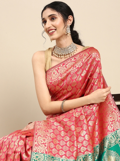 

Anouk Pink & Gold-Coloured Woven Design Silk Blend Banarasi Saree