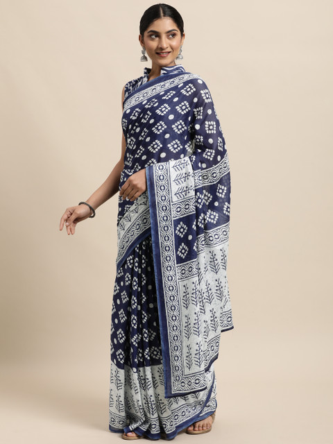 

Satrani Navy Blue & White Ethnic Motifs Pure Cotton Saree