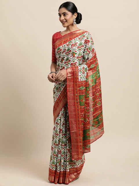

Satrani Multicoloured Ethnic Motifs Pure Cotton Patola Saree, Multi