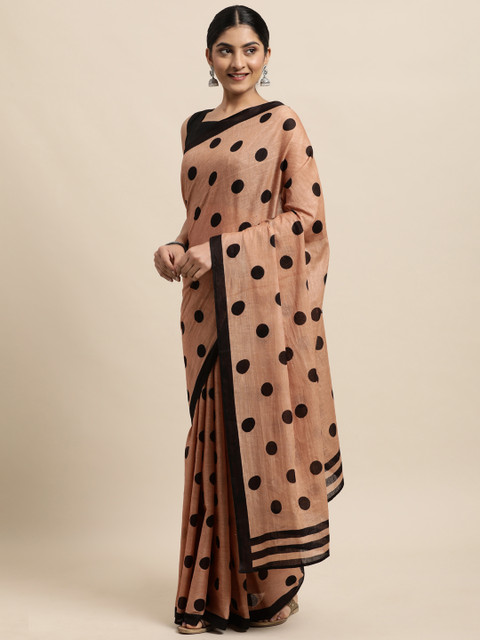 

Satrani Peach-Coloured & Black Polka Dots Print Pure Cotton Saree