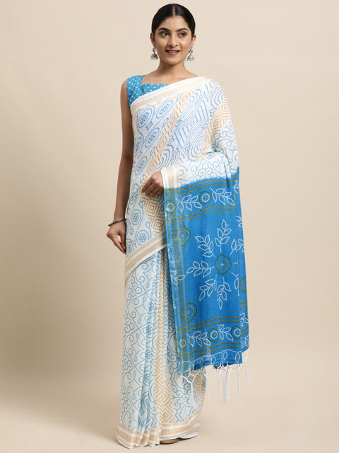 

Satrani White & Blue Bandhani Pure Cotton Bandhani Saree