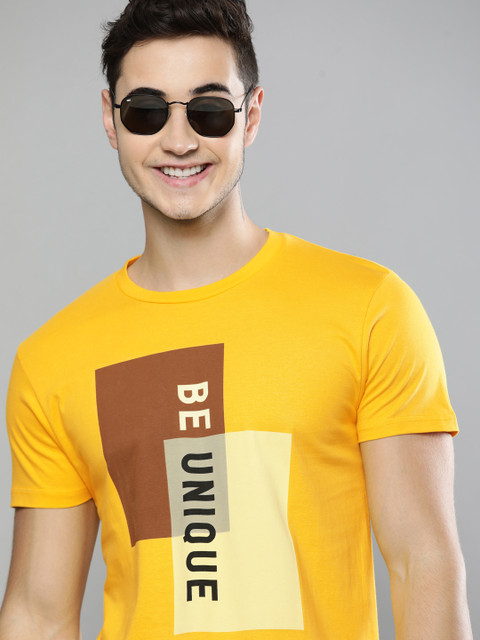 

HERE&NOW Men Yellow & Brown Typography Printed Pure Cotton T-shirt