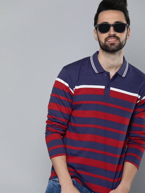 

HERE&NOW Men Navy Blue & Red Striped Polo Collar T-shirt