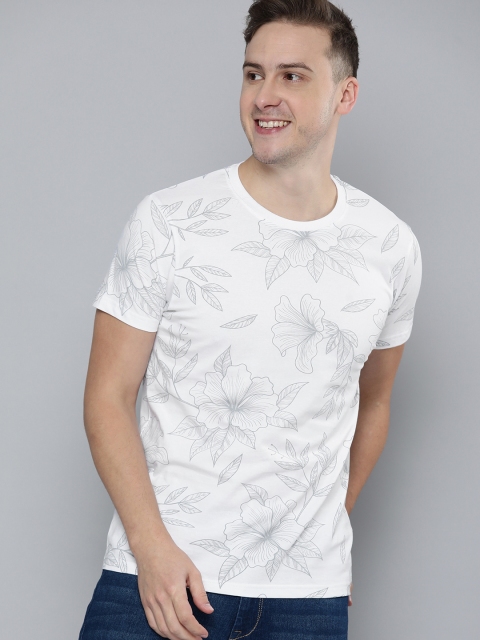 

HERE&NOW Men White & Grey Floral Printed Pure Cotton T-shirt