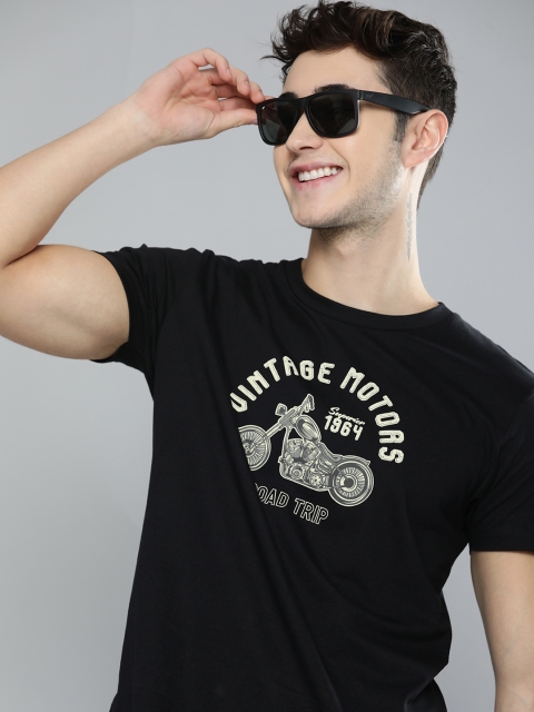 

HERE&NOW Men Black Biker Printed Pure Cotton T-shirt