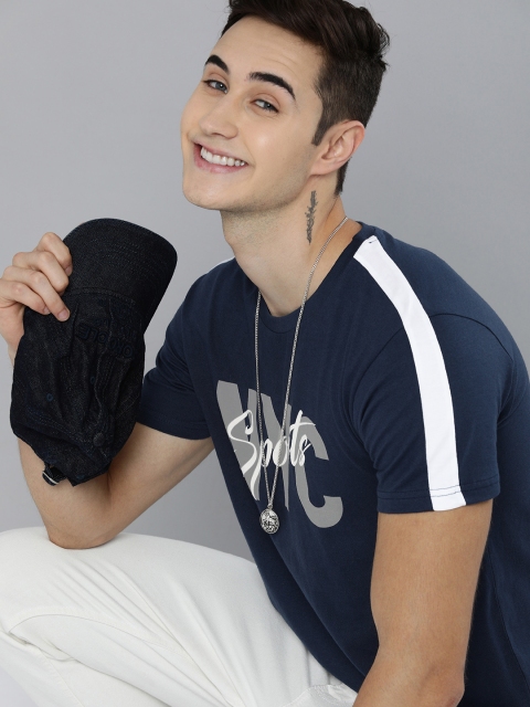 

HERE&NOW Men Navy Blue & Grey Printed T-shirt