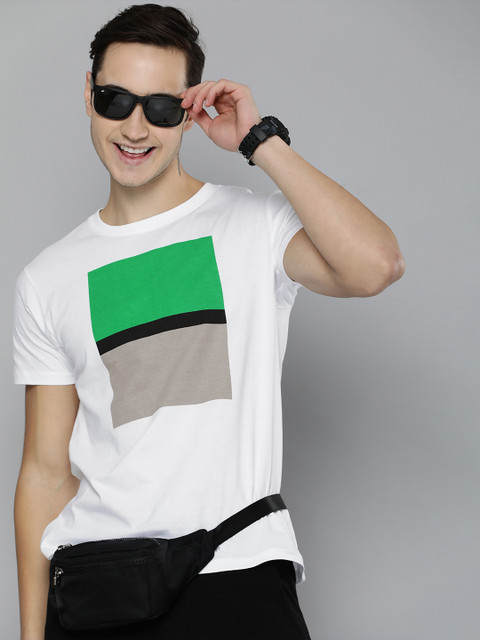 

HERE&NOW Men White & Green Colourblocked Pure Cotton T-shirt