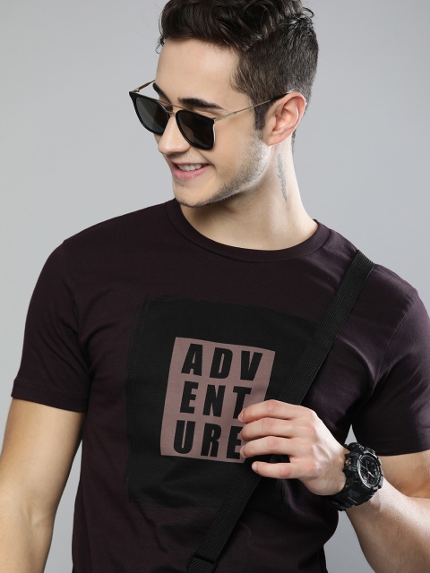 

HERE&NOW Men Brown Typography Printed Pure Cotton T-shirt