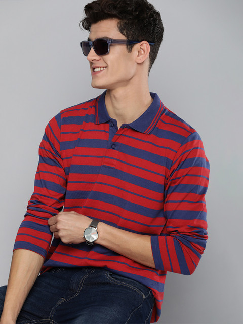 

HERE&NOW Men Red & Navy Blue Striped Polo Collar T-shirt