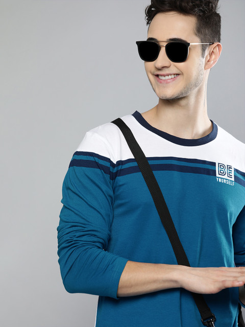 

HERE&NOW Men Teal Blue & White Colourblocked T-shirt