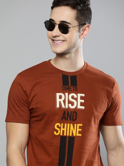 

HERE&NOW Men Rust Brown Typography Printed Pure Cotton T-shirt