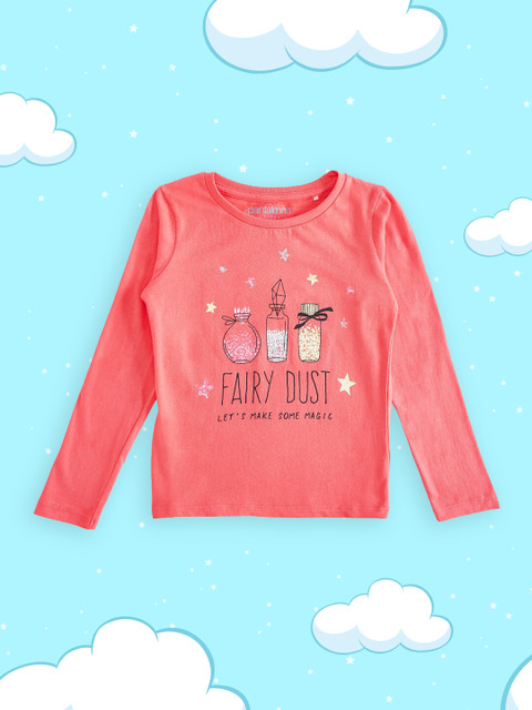 

Pantaloons Junior Girls Coral Printed Henley Neck Applique T-shirt