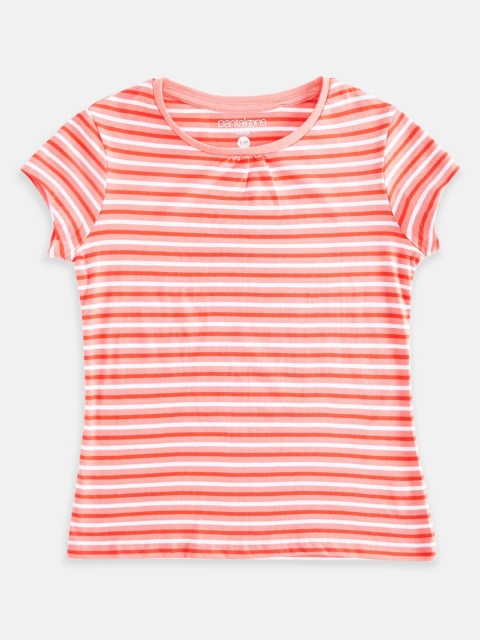 

Pantaloons Junior Girls Peach-Coloured Striped Henley Neck Pockets T-shirt