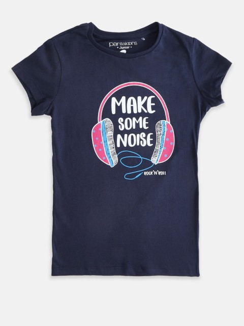 

Pantaloons Junior Girls Navy Blue Typography Printed Applique T-shirt