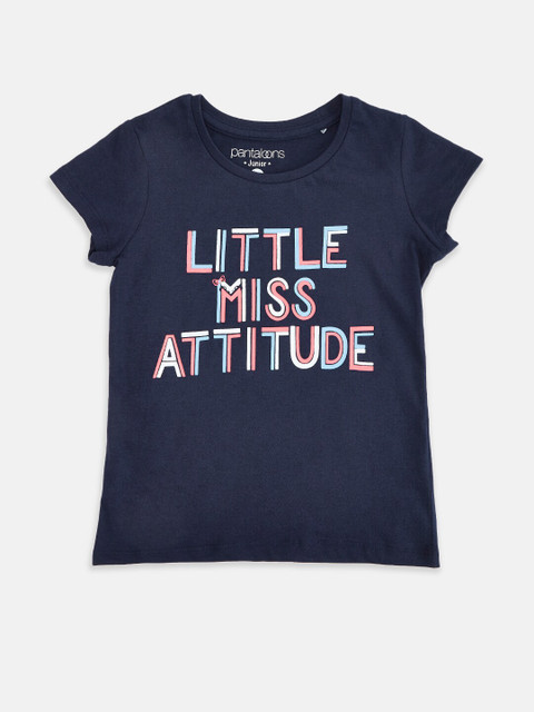 

Pantaloons Junior Girls Navy Blue Typography Printed T-shirt