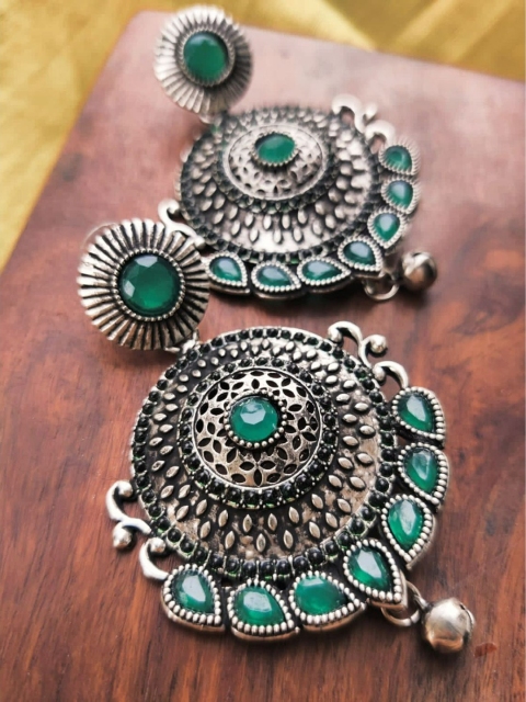 

FIROZA Silver-Toned & Sea Green Circular Drop Earrings