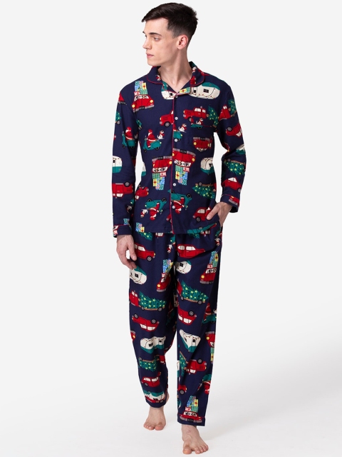 

Fluffalump Men Navy Blue Printed Pure Cotton Flannel Night Suit