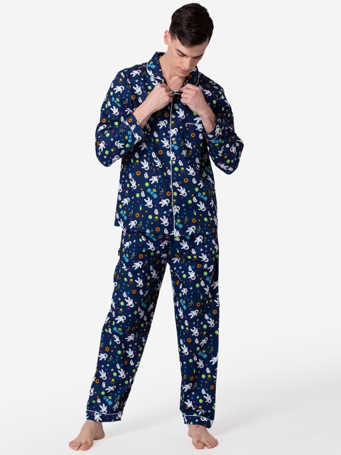 

Fluffalump Men Navy Blue Printed Pure Cotton Night Suit