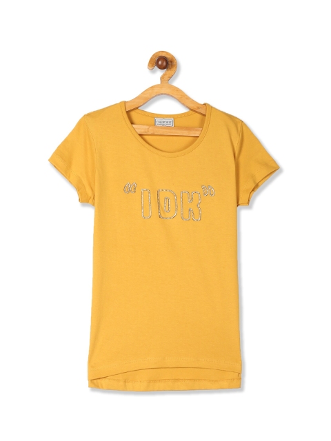 

Cherokee Girls Yellow & Silver-Toned Embellished Pure Cotton T-shirt