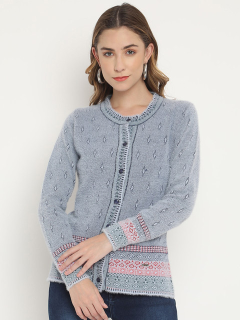 

V2 Value & Variety Women Grey & Orange Woolen Cardigan with Fuzzy Detail