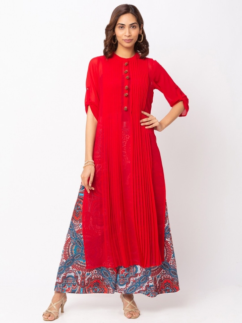 

Iti Red Mandarin Collar Roll-Up Sleeves Maxi Longline Top