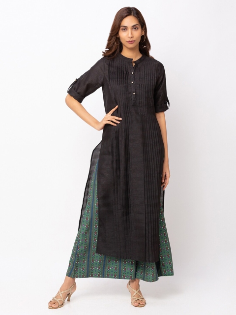 

Iti Black Geometric Mandarin Collar Roll-Up Sleeves Maxi Longline Top