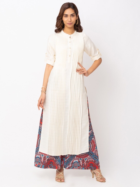 

Iti Off White Mandarin Collar Roll-Up Sleeves Maxi Longline Top