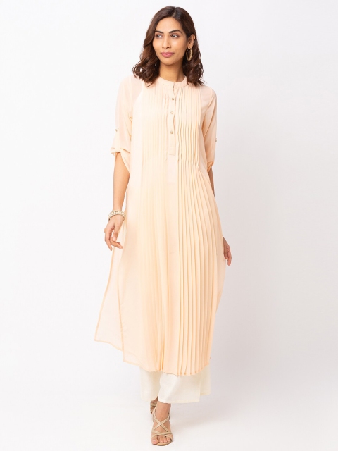 

Iti Peach-Coloured Roll-Up Sleeves Georgette Maxi Longline Top