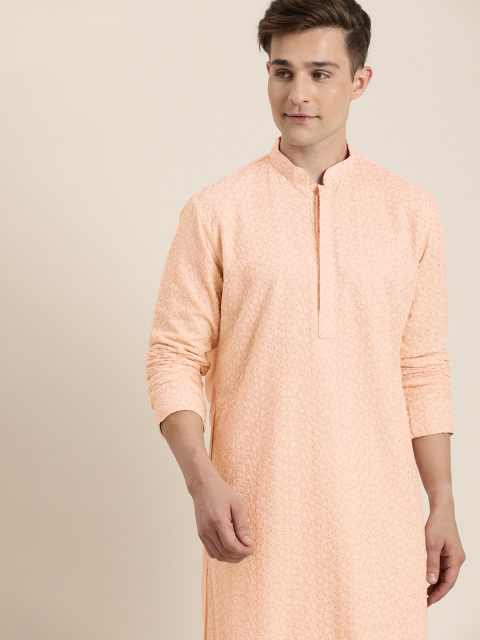 

VASTRAMAY Men Peach-Coloured Ethnic Motifs Embroidered Chikankari Kurta with Pyjamas