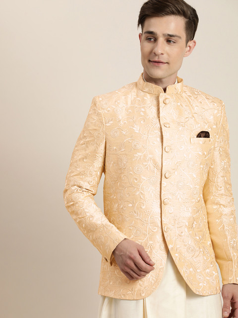 

Vastramay Men Beige Ethnic Motif Embroidered Bandhgala Blazer