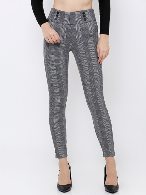 

Kraus Jeans Women Grey & White Checked Skinny-Fit Treggings