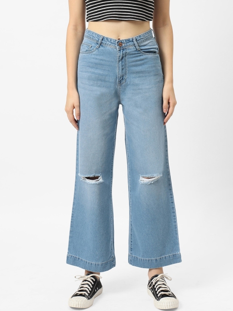 

Kraus Jeans Women Blue Wide Leg High-Rise Slash Knee Light Fade Stretchable Jeans