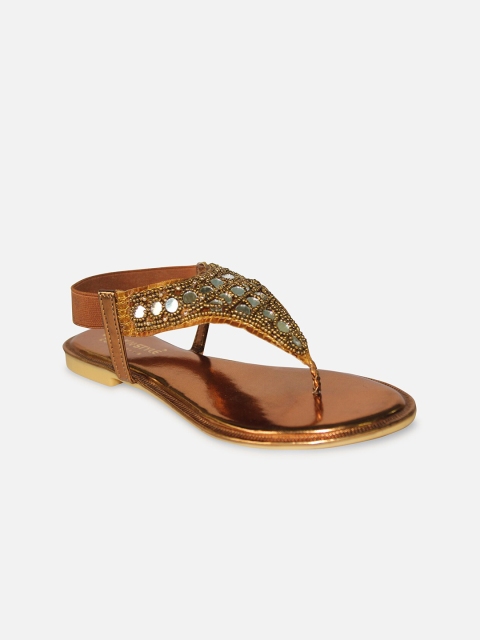 

WALK N STYLE COLLECTION Women Beige Printed Leather Ethnic T-Strap Flats