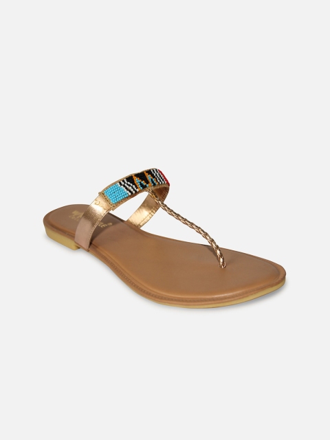 

WALK N STYLE COLLECTION Women Beige Embellished Leather Ethnic T-Strap Flats