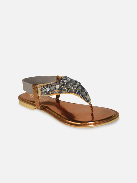

WALK N STYLE COLLECTION Women Grey Embellished Leather Ethnic T-Strap Flats
