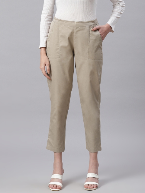 

Ayaany Women Beige Pure Cotton Solid Cigarette Trousers