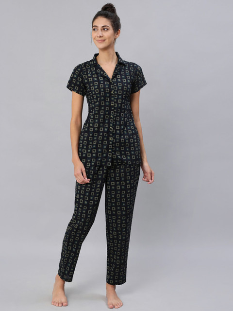 

AASI - HOUSE OF NAYO Women Black & Grey Printed Night suit