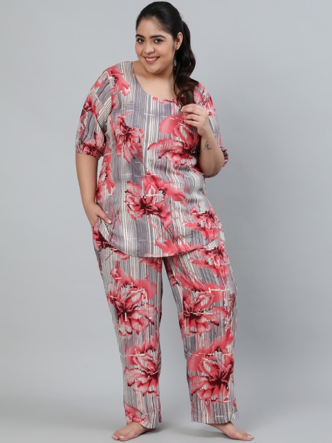 

AASI - HOUSE OF NAYO Women Grey & Pink Printed Night suit