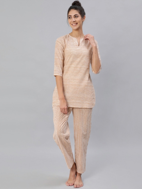 

AASI - HOUSE OF NAYO Women Mustard & Brown Pure Cotton Printed Night suit