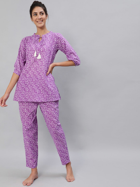 

AASI - HOUSE OF NAYO Women Purple & White Geometric Printed Night Suit