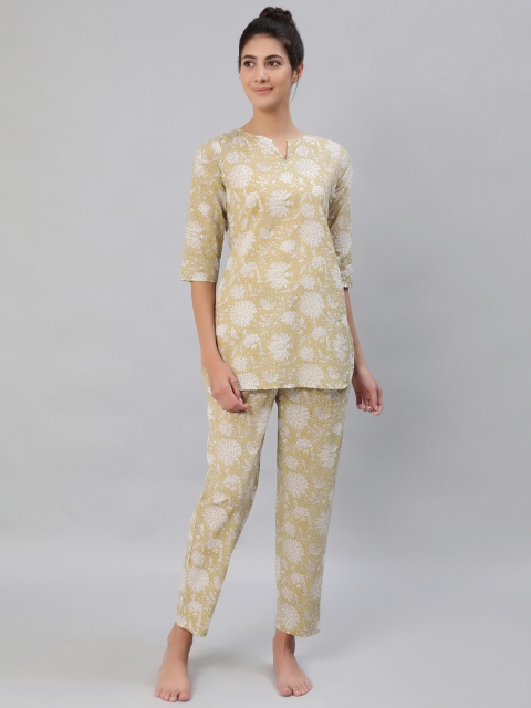 

AASI - HOUSE OF NAYO Women Beige & Off-White Printed Pure Cotton Night suit