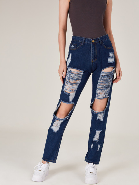 

URBANIC Women Navy Blue Cotton Straight Fit Highly Distressed Jeans