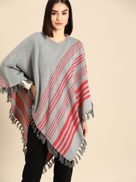 

Anouk Women Grey & Red Striped Poncho