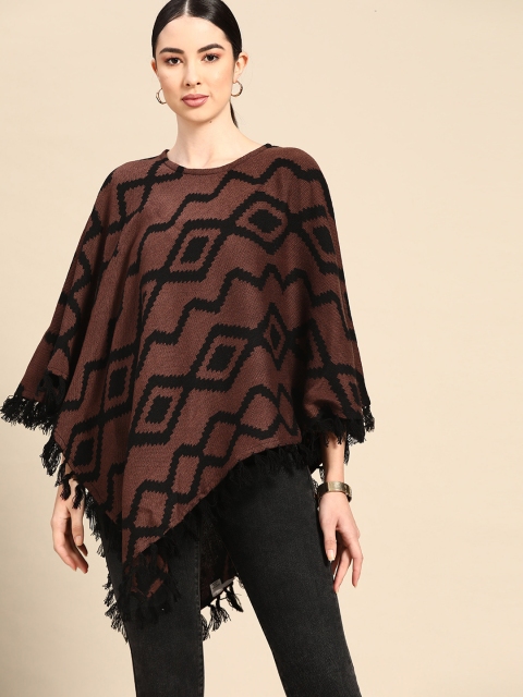 

Anouk Women Brown & Black Geometric Design Poncho with Tassel Hem Detail