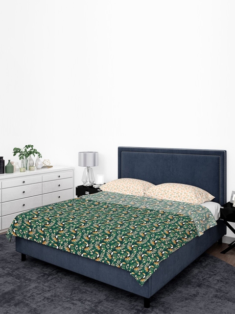 

happywagon Green & White Floral 300 TC Pure Cotton King Bedsheet with 2 Pillow Covers