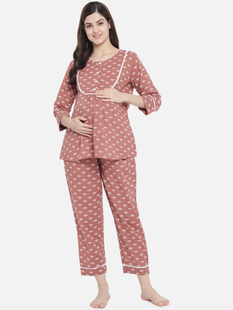 

Aujjessa Women Camel Brown & White Printed Maternity Night suit