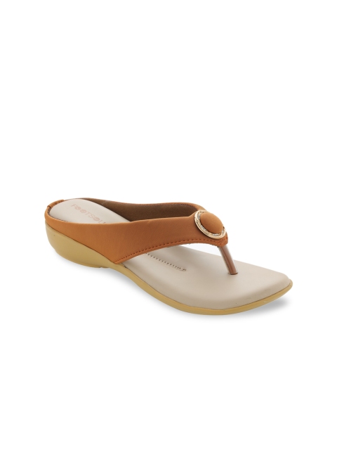 

FOOTSOUL Women Tan Brown & Gold-Toned T-Strap Flats